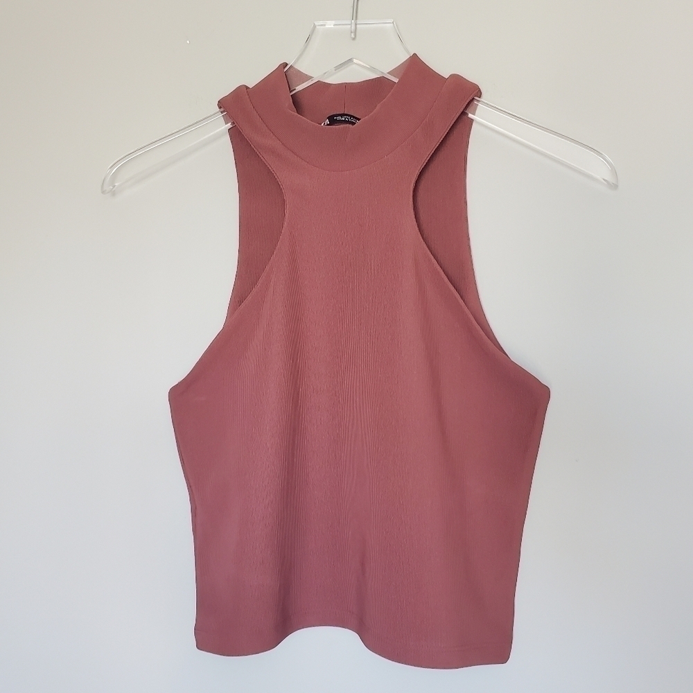 ZARA Ribbed Halter Top Large Brown Cropped - Picture 2 of 5